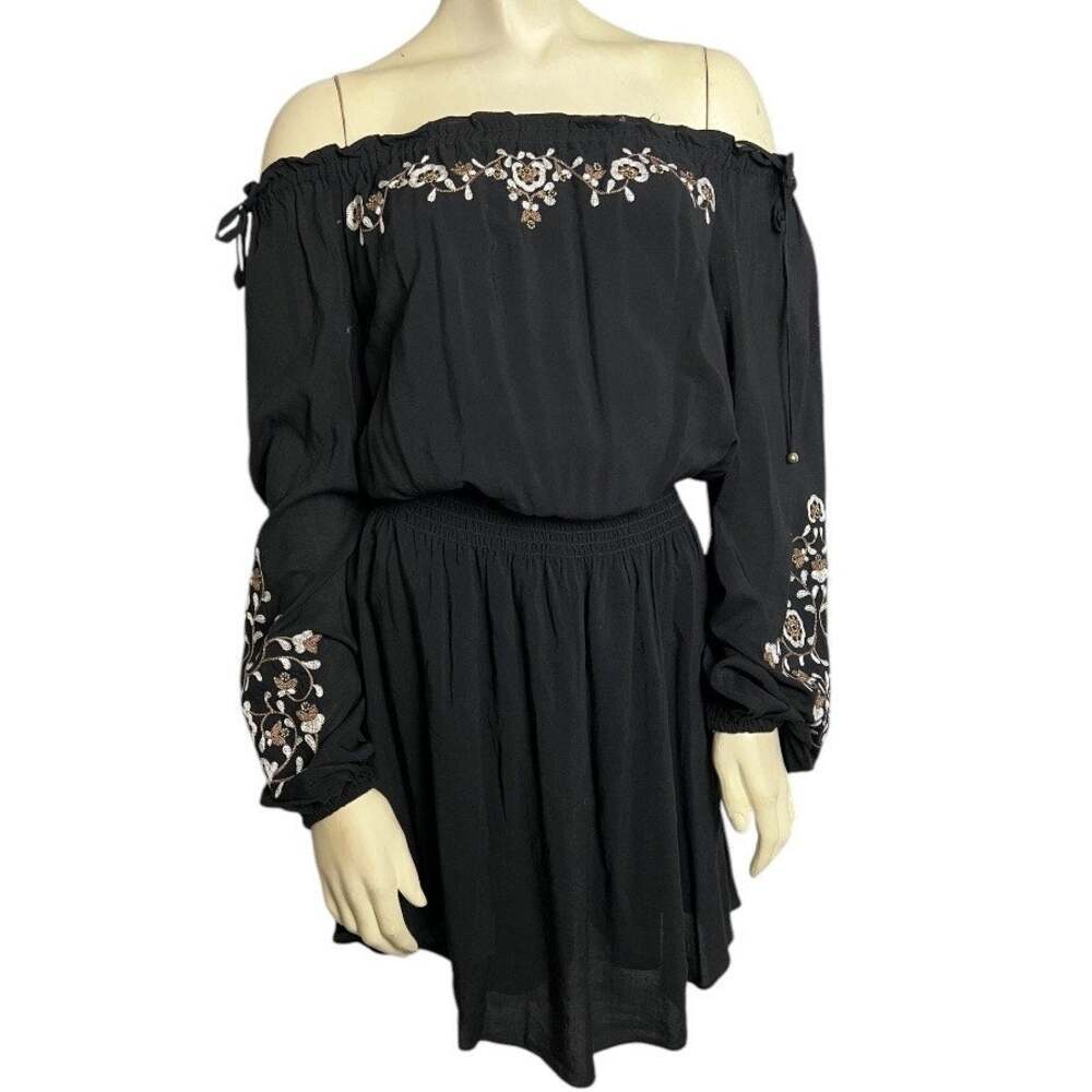 WHBM Black Off Shoulder Dress XS Embroidered Peasant Boho Festival Mini